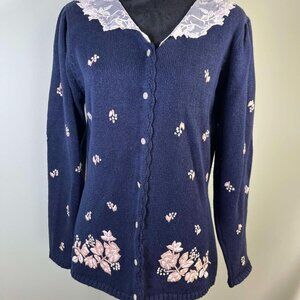 Herman Geist Vintage Embroidered Cardigan W/Lace Collar SZ M Preppy Cottagecore